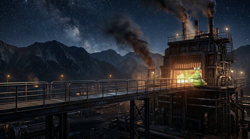 Sol-Incinerator catwalk surveillance: Charlie on the catwalk platform overlooking the roaring combustion furnace with billowing smoke